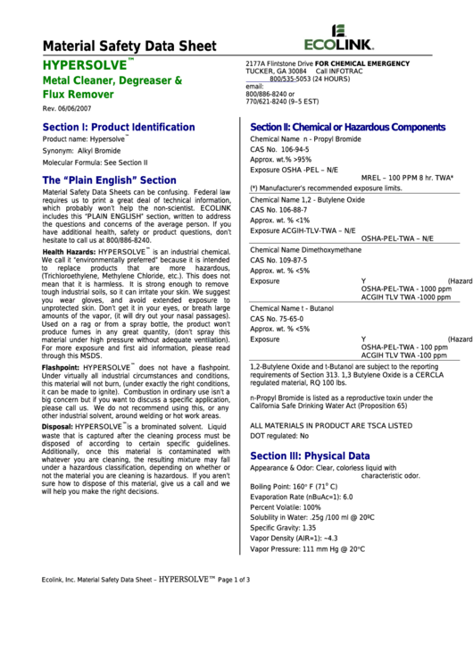 Material Safety Data Sheet - Hypersolve - Metal Cleaner, Degreaser & Flux Remover Printable pdf