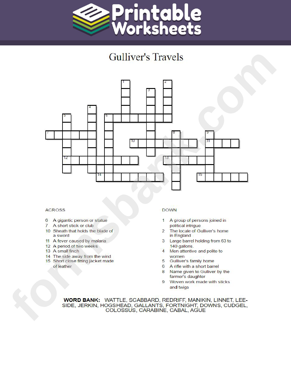 Gulliver'S Travel Crossword Puzzle Template printable pdf download