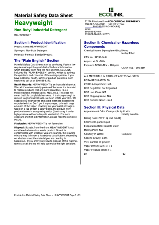 Material Safety Data Sheet - Heavyweight - Non-Butyl Industrial Detergent Printable pdf