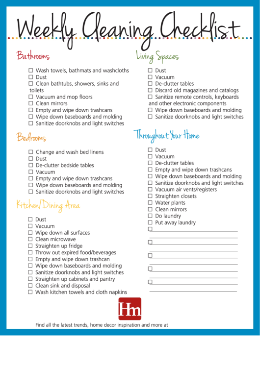 Weekly Cleaning Checklist Template printable pdf download
