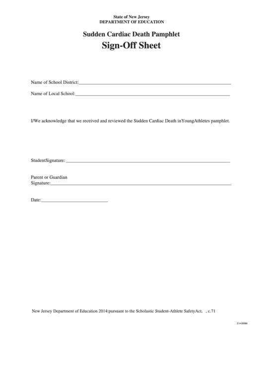 Form E14-00395 - Sudden Cardiac Death Pamphlet Sign-Off Sheet Printable pdf