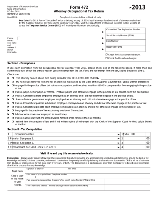 Form 472 - Attorney Occupational Tax Return - 2013 Printable pdf