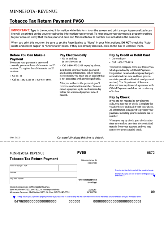 Fillable Form Pv60 - Tobacco Tax Return Payment Printable pdf