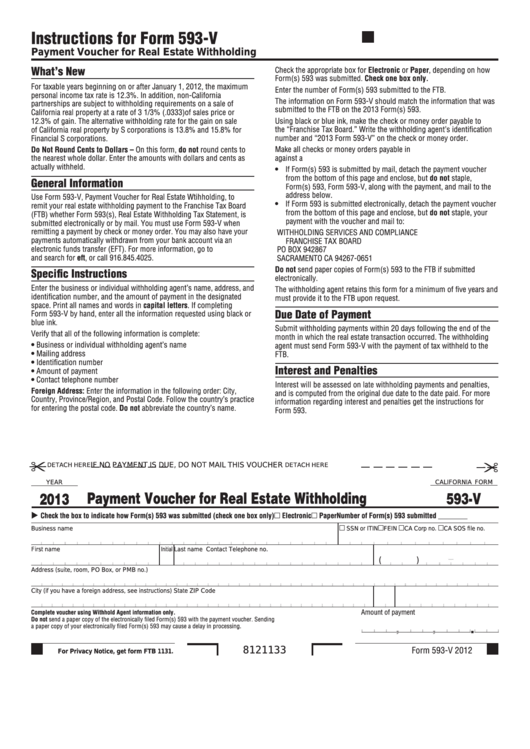 Fillable Form 593-V - Payment Voucher For Real Estate Withholding - 2013 Printable pdf