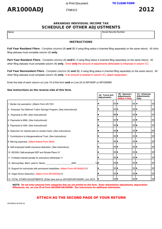 Fillable Form Ar1000adj - Schedule Of Other Adjustments - 2012 Printable pdf