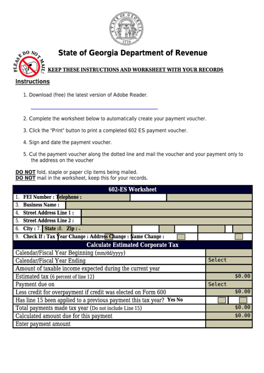 Fillable Form 602-Es - Worksheet - Georgia Department Of Revenue - 2013 Printable pdf