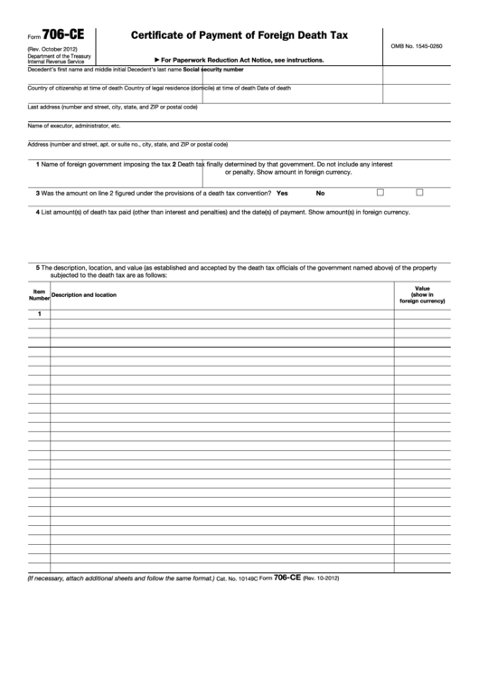 Fillable Form 706-Ce - Certificate Of Payment Of Foreign Death Tax Printable pdf
