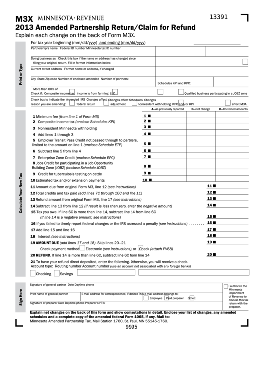 Fillable Form M3x - Amended Partnership Return/claim For Refund - 2013 Printable pdf
