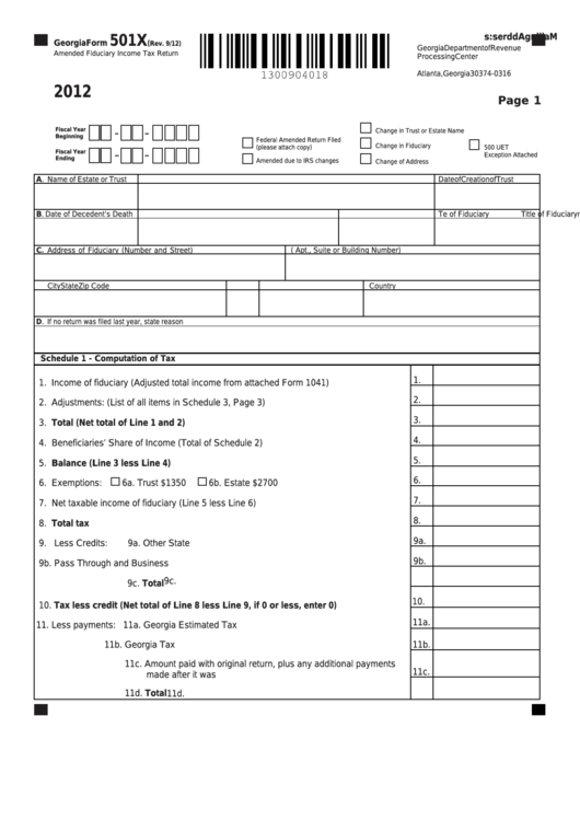 Fillable Georgia Form 501x - Amended Fiduciary Income Tax Return - 2012 Printable pdf