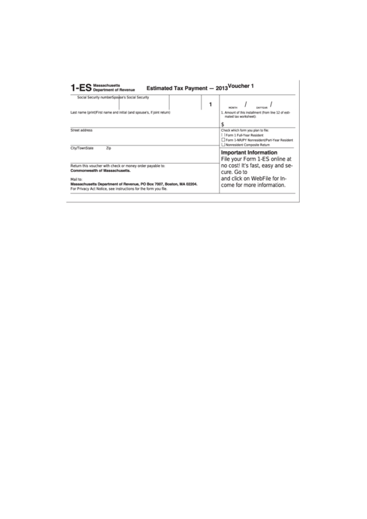 Fillable Form 1-Es - Estimated Tax Payment Voucher - 2013 Printable pdf