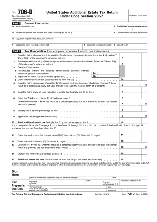 Fillable Form 706-D - United States Additional Estate Tax Return Under Code Section 2057 Printable pdf