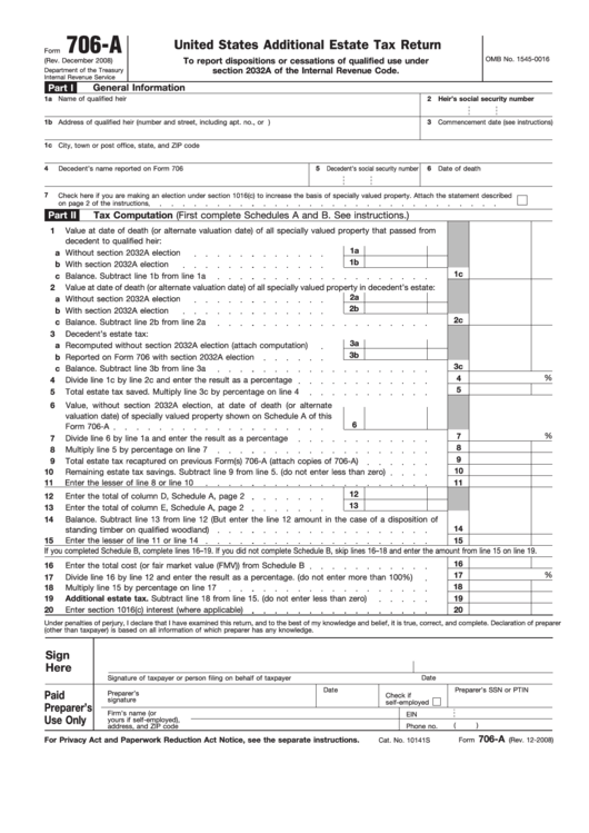 Fillable Form 706-A - United States Additional Estate Tax Return Printable pdf