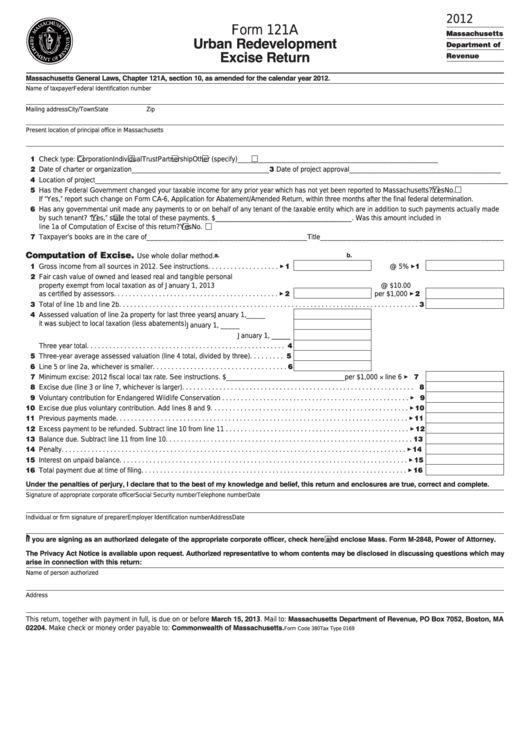 Form 121a - Urban Redevelopment Excise Return - 2012 Printable pdf