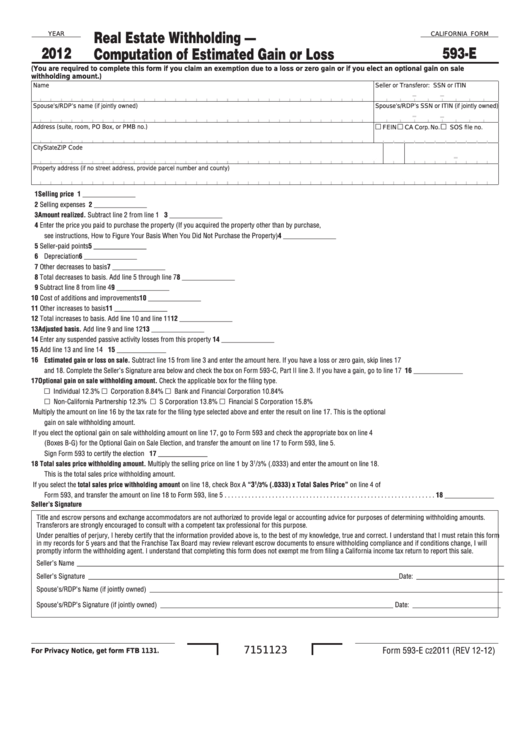 Fillable California Form 593-E - Real Estate Withholding - Computation Of Estimated Gain Or Loss - 2012 Printable pdf