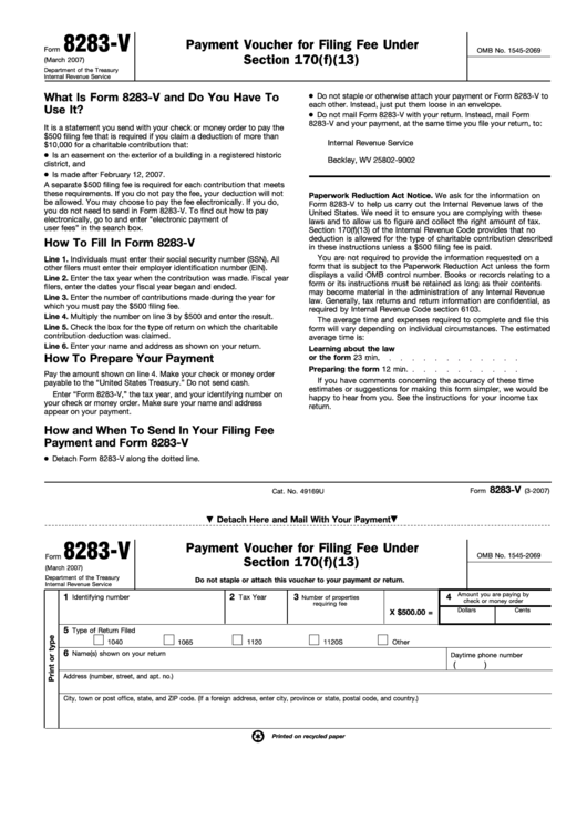 Fillable Form 8283-V - Payment Voucher For Filing Fee Under Section 170(F)(13) Printable pdf