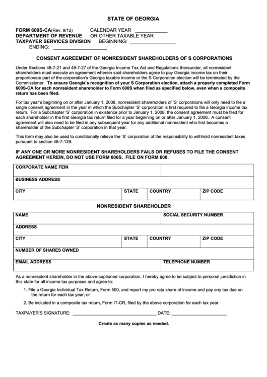 Fillable Form 600s-Ca - Consent Agreement Of Nonresident Shareholders Of S Corporations Printable pdf