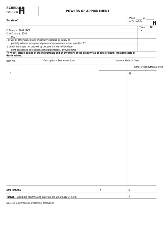 Fillable Schedule H (Form 101) - Powers Of Appointment Printable pdf