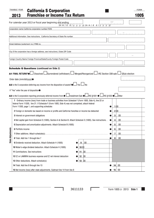 Form 100s - California S Corporation Franchise Or Income Tax Return - 2013