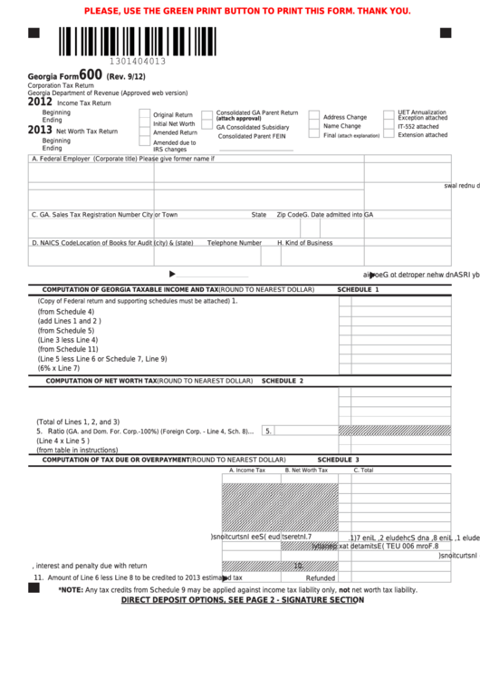 Fillable Georgia Form 600 - Corporation Tax Return Printable pdf
