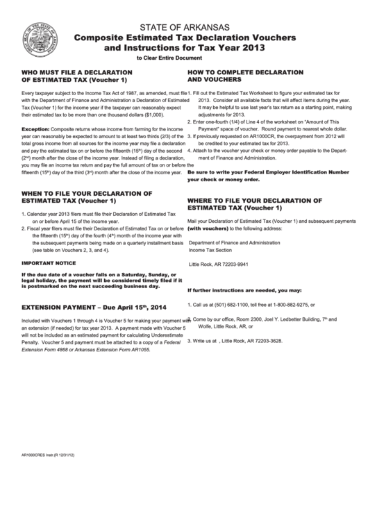Composite Estimated Tax Declaration Vouchers And Instructions - 2013 Printable pdf