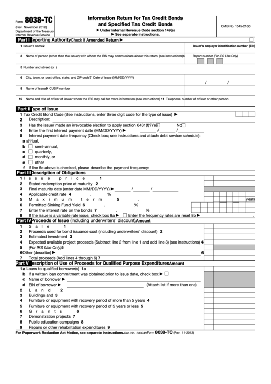 Fillable Form 8038-Tc - Information Return For Tax Credit Bonds And Specified Tax Credit Bonds Printable pdf