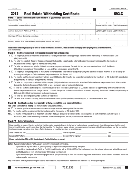 Fillable California Form 593-C - Real Estate Withholding Certificate - 2013 Printable pdf