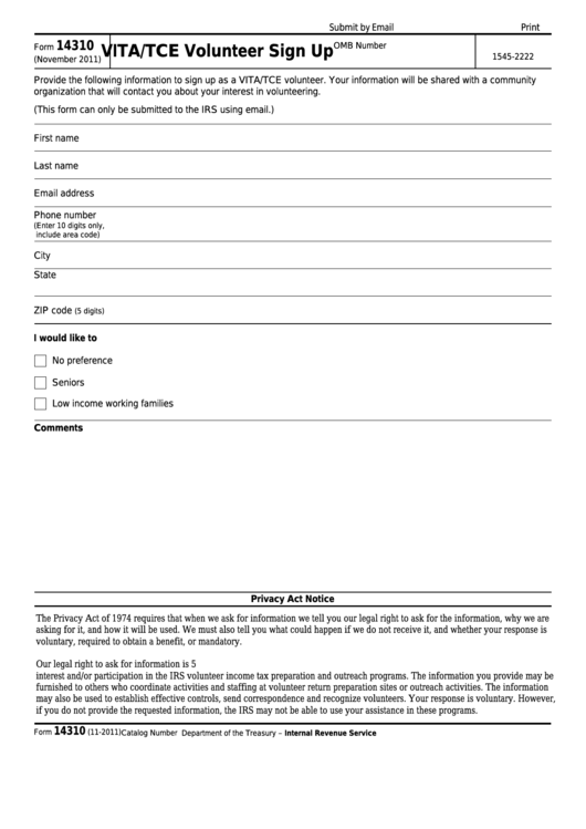 Fillable Form 14310 - Vita/tce Volunteer Sign Up Printable pdf