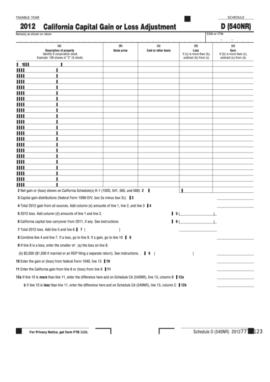 Fillable Schedule D (540nr) - California Capital Gain Or Loss Adjustment - 2012 Printable pdf