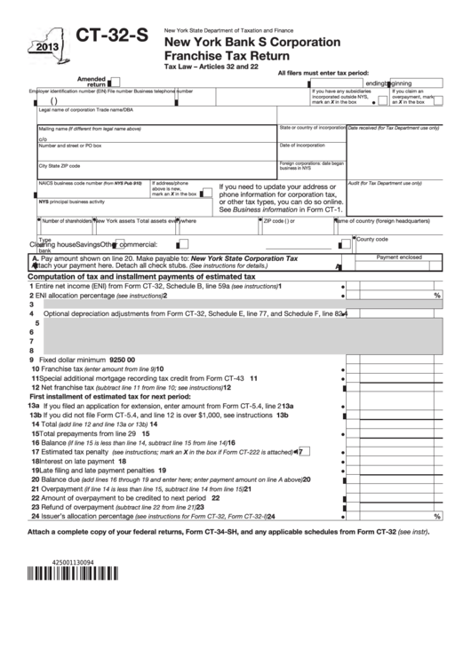 Form Ct-32-S - New York Bank S Corporation Franchise Tax Return - 2013 Printable pdf