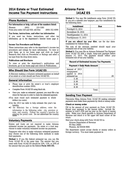 Estate Or Trust Estimated Income Tax Payment Instructions (Form 141az Es) - 2014 Printable pdf