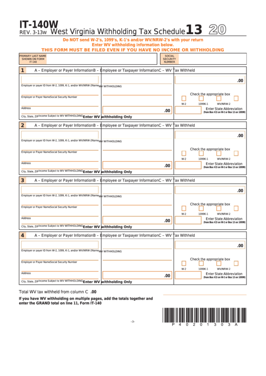 Fillable Form It-140w - West Virginia Withholding Tax Schedule - 2013 Printable pdf