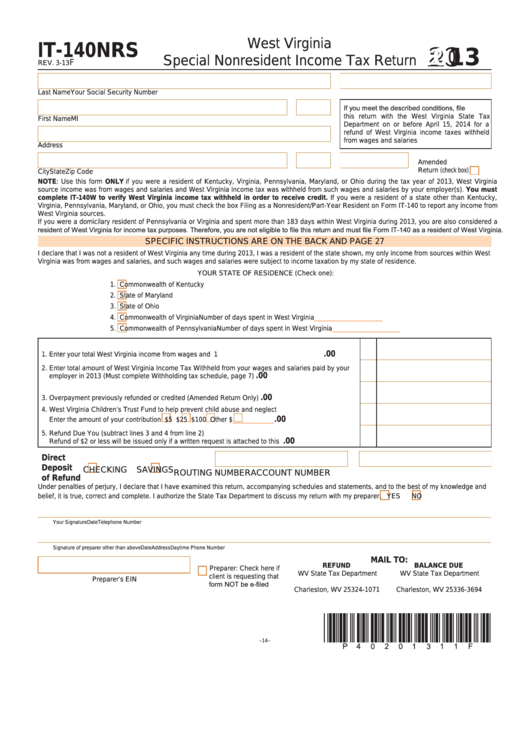Fillable Form It-140nrs - Special Nonresident Income Tax Return - 2013 Printable pdf