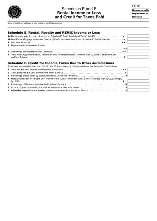 Fillable Schedules E And F Rental Income Or Loss And Credit For Taxes Paid - 2013 Printable pdf