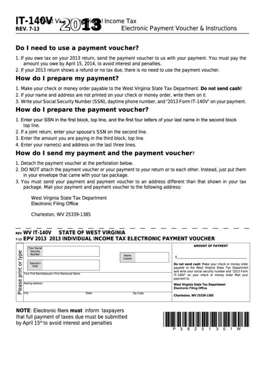 Form It-140v - Individual Income Tax Electronic Payment Voucher - 2013 Printable pdf