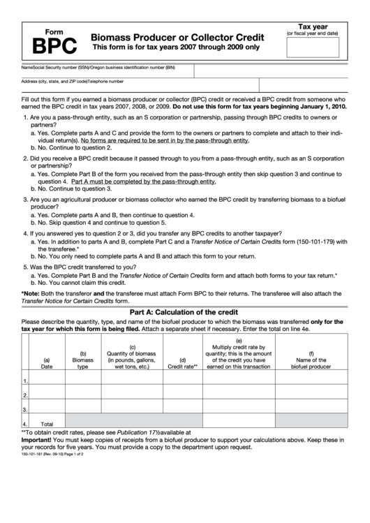 Fillable Form Bpc - Biomass Producer Or Collector Credit - 2007-2009 Printable pdf