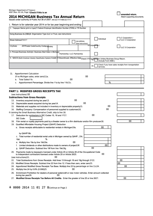 Form 4567 - Michigan Business Tax Annual Return - 2014 Printable pdf