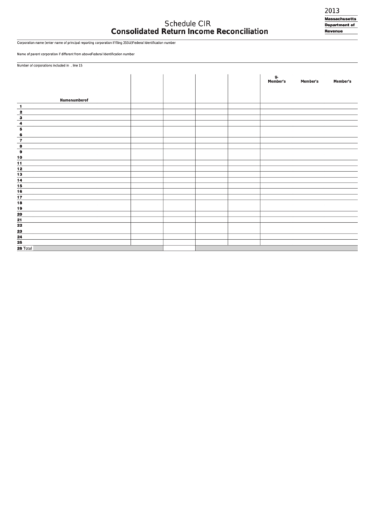 Fillable Schedule Cir Consolidated Return Income Reconciliation - 2013 Printable pdf