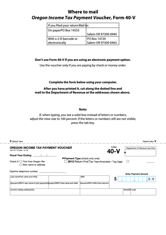 Fillable Form 40-V - Oregon Income Tax Payment Voucher Printable pdf