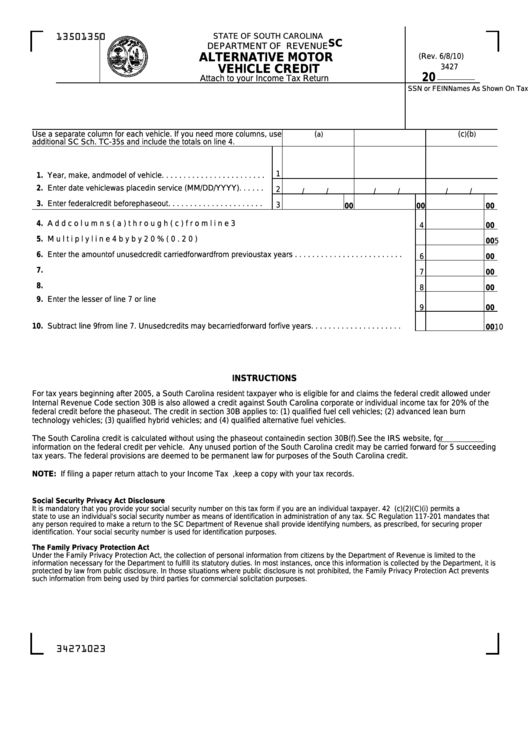 Form Sc Sch.tc-35 - Alternative Motor Vehicle Credit Printable pdf