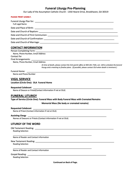 Funeral Liturgy Pre-Planning Form Printable pdf