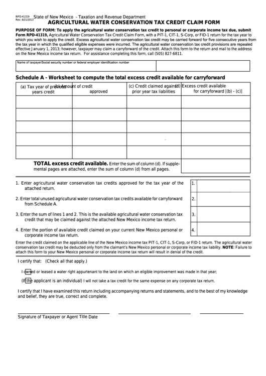 Form Rpd-41319 - Agricultural Water Conservation Tax Credit Claim Form Printable pdf