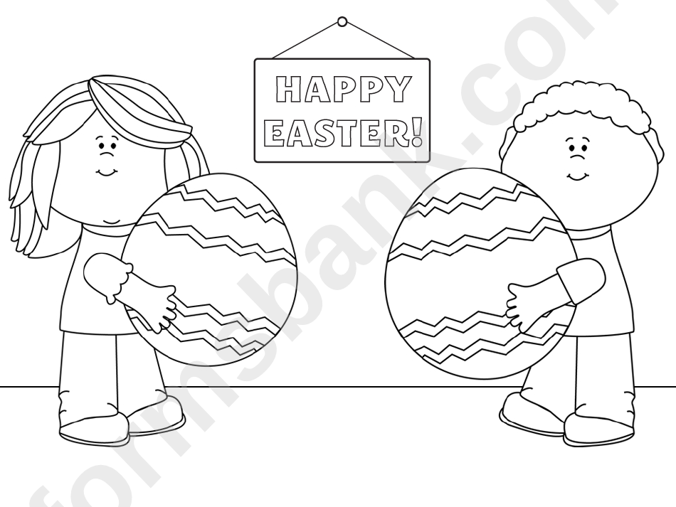 Happy Easter Coloring Sheet - Kids With Easter Eggs