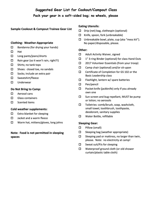 Suggested Gear List For Cookout/campout Class Template Printable pdf