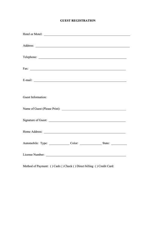 Hotel/motel Guest Registration Form Printable pdf
