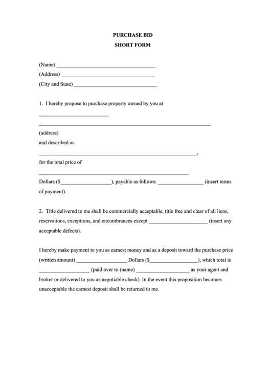 Property Purchase Bid Short Form Printable pdf