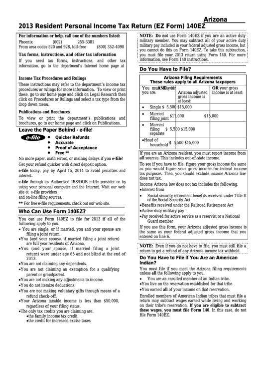Resident Personal Income Tax Return Instructions (140ez Form) - 2013 Printable pdf