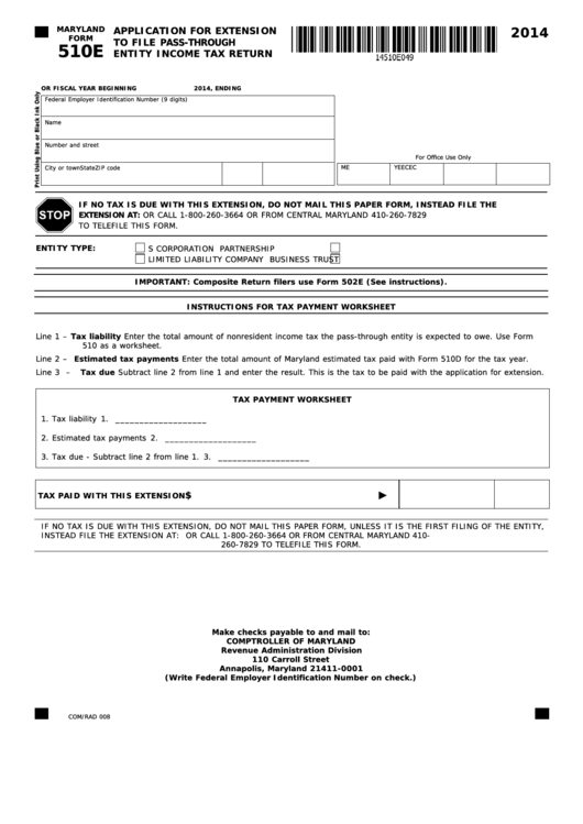 Form 510e - Application For Extension To File Pass-through Entity Income Tax Return - 2014