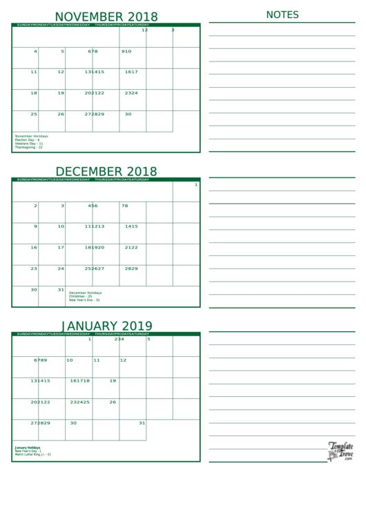 November 2018 - January 2019 Calendar Template Printable pdf