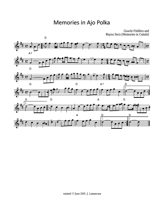 Guachi Fiddlers - Memories In Ajo Polka Sheet Music - Memories In Cababi Printable pdf