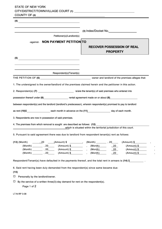 Fillable Form Lt-N-Rp - Non Payment Petition To Recover Possession Of Real Property Printable pdf